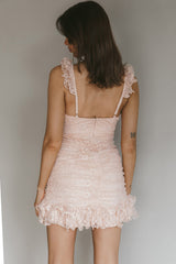 Kaley Ruched Side Layered Frill Hem Lace Mini Dress Blush