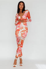 Chardae Long Sleeve Mesh Midi Dress Floral Pink