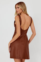 Opulent Sleeveless A-Line Mini Dress Faux Leather Brown
