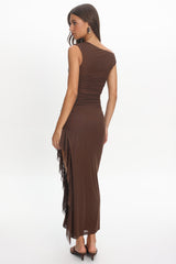 Moonlit Magic Asymmetric Neckline Slit Maxi Dress Chocolate