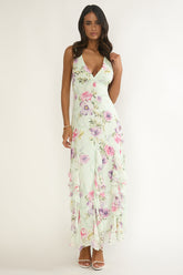 Elenya Strappy Back Ruffle Trim Maxi Dress Mint Floral