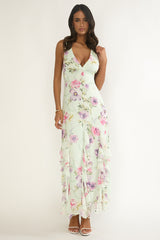 Elenya Strappy Back Ruffle Trim Maxi Dress Mint Floral