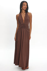 Tanya Halterneck Ruched Maxi Dress Chocolate