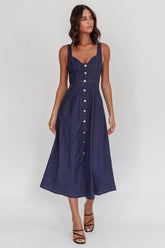 Pixie Dust Button Front Midi Dress Dark Denim
