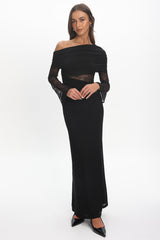 Alivya Asymmetric Neckline Lace Trim Maxi Dress Black