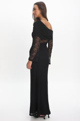 Alivya Asymmetric Neckline Lace Trim Maxi Dress Black