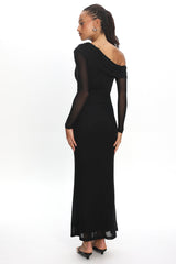 Milos Asymmetric Neckline Long Sleeve Maxi Dress Black