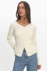 Louiz Button Front Ribbed Knit Cardigan Cream