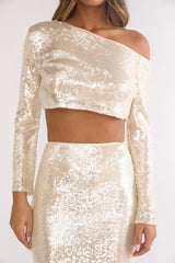 Crystalline Asymmetric Neckline Crop Top Sequin Champagne