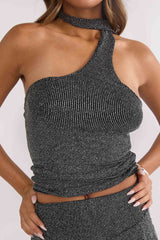 Vespera One-Shoulder Top Silver Black