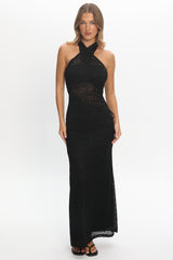Karmella Cross-Front Lace Halter Maxi Dress Black