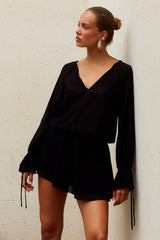Samantha Ruffle V-Neck Mini Dress - Black