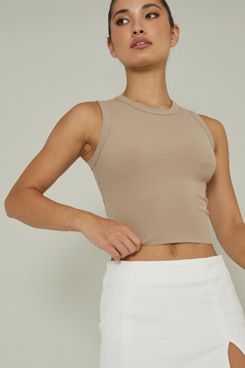 Mayra Crew Neck Crop Top Tan