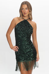 Limbo Sequin Fringe Mini Dress Green