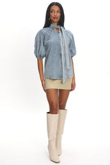 Notice Me Puff Sleeve Neck Bow Top Denim Blue