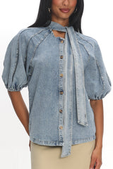 Notice Me Puff Sleeve Neck Bow Top Denim Blue