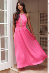 Cyndi Open Back Halterneck Maxi Dress Hot Pink