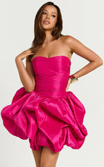 Deb Mini Dress - Ruched Strapless Bubble Hem Dress in Hot Pink