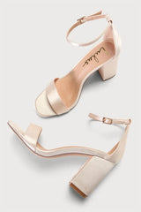 Arylee Champagne Satin Ankle Strap Heels