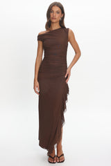 Moonlit Magic Asymmetric Neckline Slit Maxi Dress Chocolate