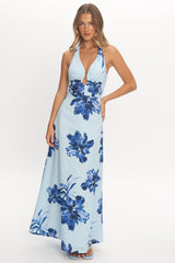 Lioren Plunging Halterneck Maxi Dress Floral Blue