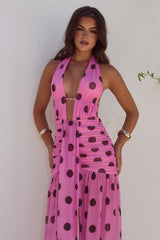 Adrianna Plunge Ruched Maxi Dress - Musk/Choc Polka