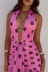 Adrianna Plunge Ruched Maxi Dress - Musk/Choc Polka