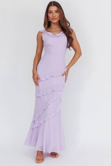 Sangria Cowl Neck Frill Maxi Dress Lilac