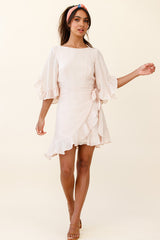 Make It Happen Flared Sleeve Ruffle Trim Dress Beige