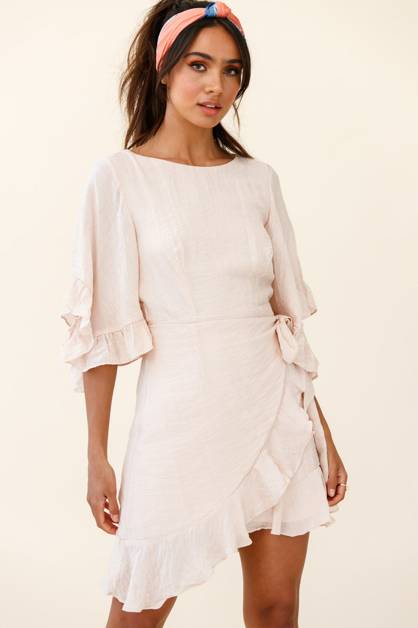 Make It Happen Flared Sleeve Ruffle Trim Dress Beige
