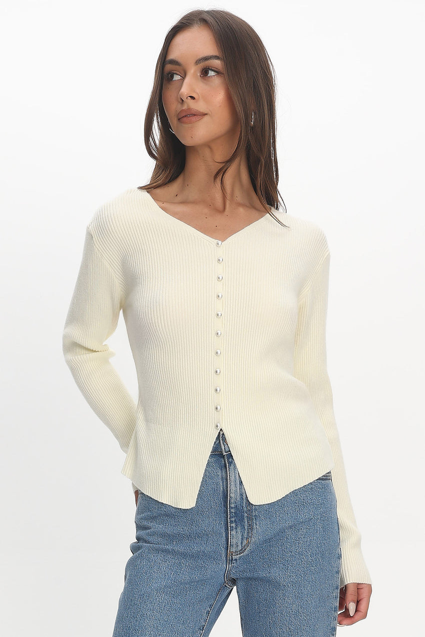 Louiz Button Front Ribbed Knit Cardigan Cream