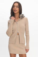 Odetta Fur Collar Knit Top Sand