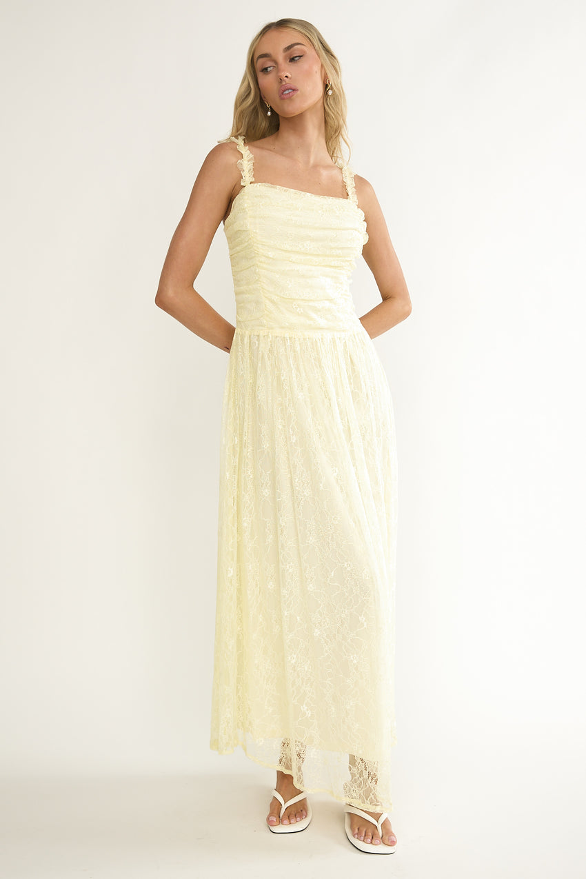 Dahlin Frill Strap Lace Overlay Maxi Dress Butter