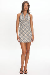 LIONESS Banks Halter Mini Dress Beige Plaid