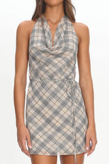 LIONESS Banks Halter Mini Dress Beige Plaid
