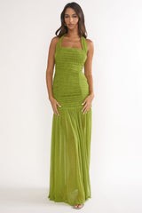 Galinda Ruched Bodice Halterneck Maxi Dress Olive