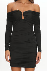 Anaelle Long Sleeve Off-Shoulder Mini Dress Black
