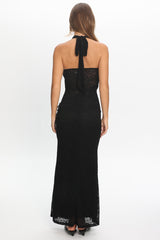 Karmella Cross-Front Lace Halter Maxi Dress Black