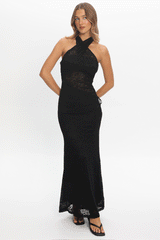 Karmella Cross-Front Lace Halter Maxi Dress Black