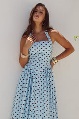 Sammi Halter Midi Dress - Sky Blue/Choc Polka