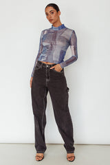 Giza Long Sleeve Mock Neck Top Print Denim Multi