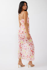 Kindred Soul Ruched Mesh Midi Dress Floral Pink