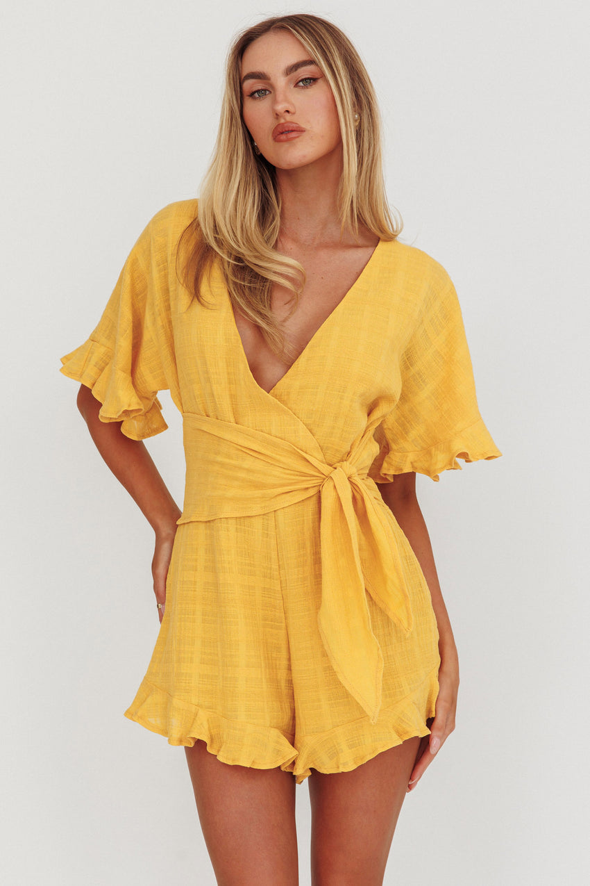 Karin Frill Trim Waist Tie Romper Mustard