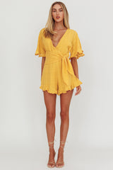 Karin Frill Trim Waist Tie Romper Mustard