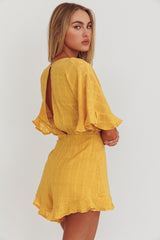 Karin Frill Trim Waist Tie Romper Mustard