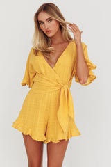 Karin Frill Trim Waist Tie Romper Mustard