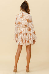 Tamina Long Sleeve Frill Trim Dress Floral Print Tan