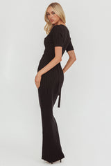 Faylen Waist Tie Ribbed Knit Maxi Dress Black